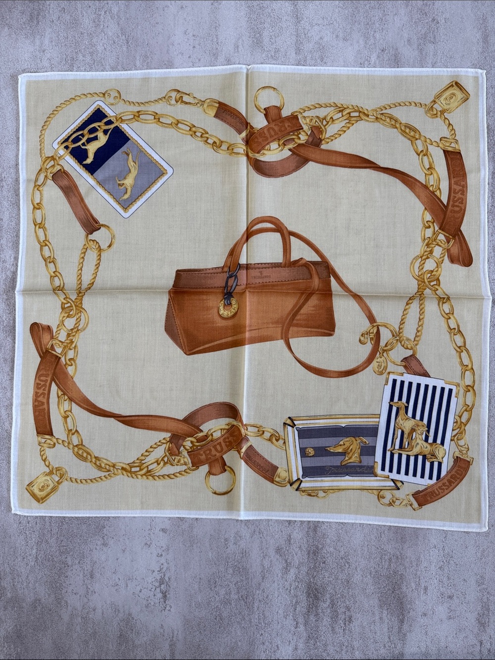 Trussardi Cream, Brown and Gold Chain Print cotton Scarf